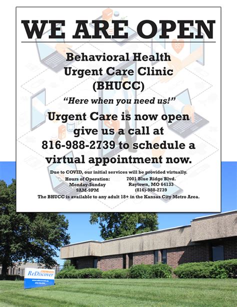Jan 27, 2021 · ReDiscover's Behavioral Health Urgent Care Clinic (BHUCC) is available for anyone who is experiencing a behavioral health crisis. We are open 7 days a week from 9am to 9pm with walk-ins being... 